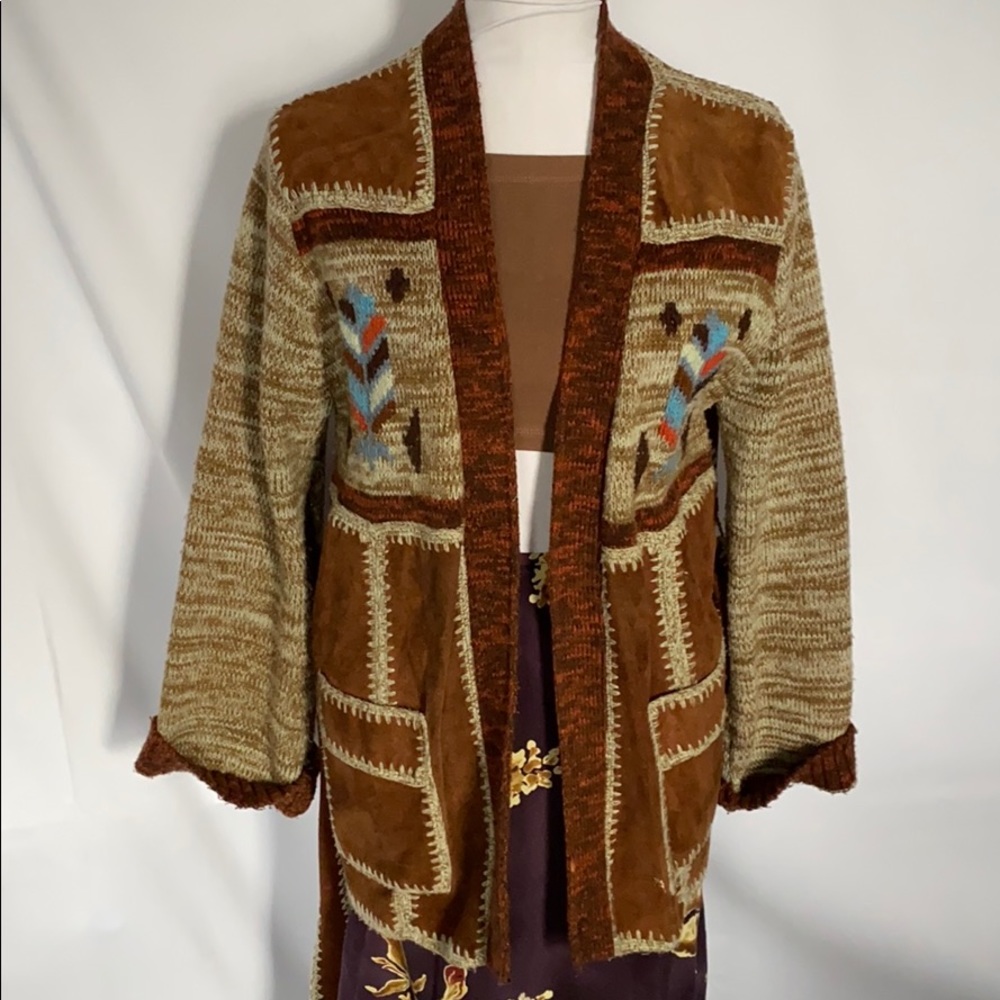 Vintage tribal aztec leather wool belted sweater - Picture 2 of 8